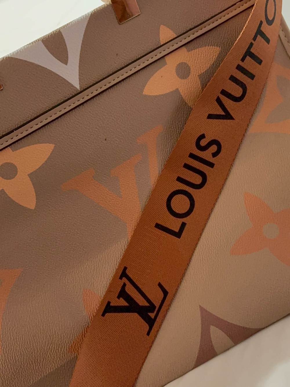 Louis Vuitton Beige Monogram Canvas Tote with Orange Logo Strap - Picture 2 of 6